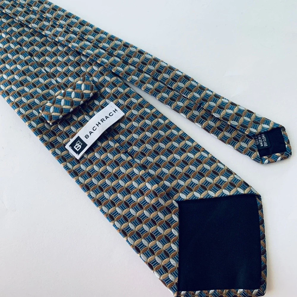 Bachrach Men's Necktie Blue Brown Geometric Silk‎ Blend Business Career